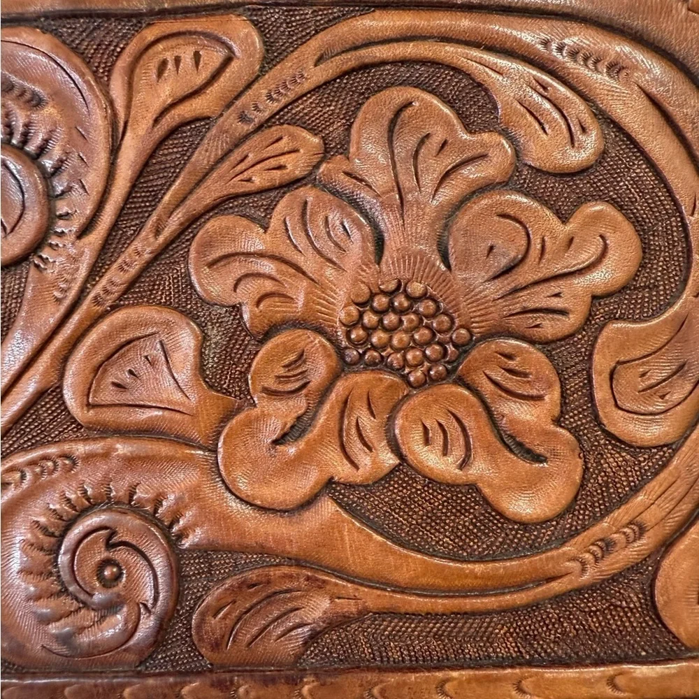 Vintage Circa 1960 Tooled Leather Brown Floral Clutch Wristlet